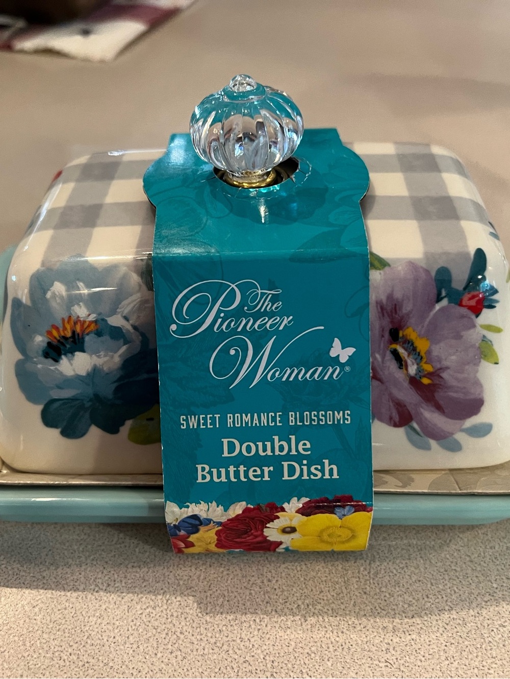 The Pioneer Woman Teal Floral Double Butter Dish with Glass Knob
